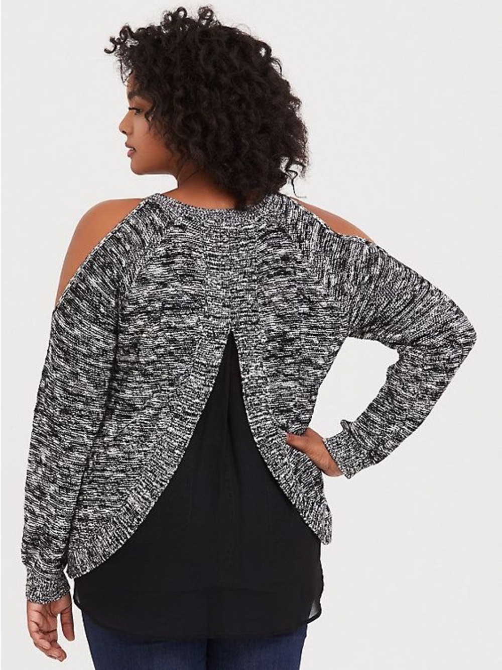 Torrid Black & White Marled Cold-Shoulder Layered Sweater - Size 0